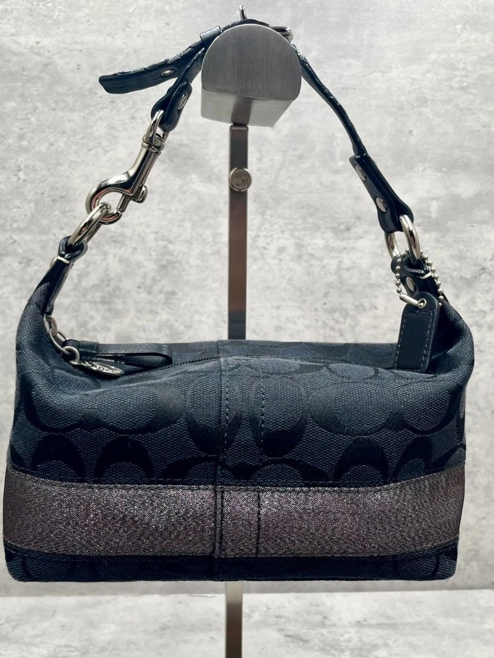 Coach Black Signature Canvas Shoulder Bag with Metallic Trim Band